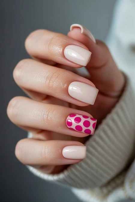 Elegant manicure with glossy nude and pink polka dot nail art on well-groomed fingers, showcasing beauty and nail care.