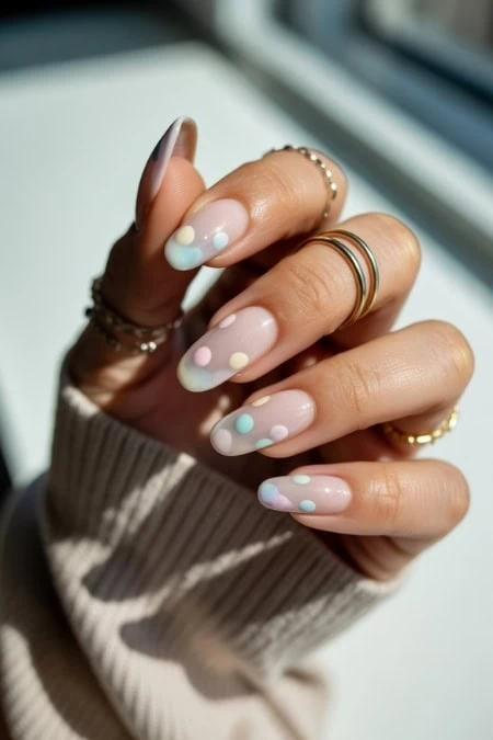 Pastel polka dot manicure with gel nails and rings, trendy nail art for spring and summer, stylish hand jewelry, soft natural lighting, close-up of well-groomed nails for beauty and fashion blogs.