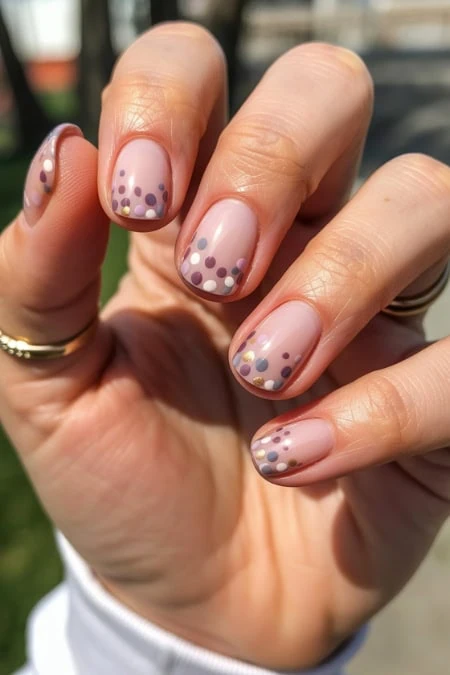 Delicate nail art with pastel dots on natural nails, perfect for spring or special occasions, showcasing professional manicure design and skill.