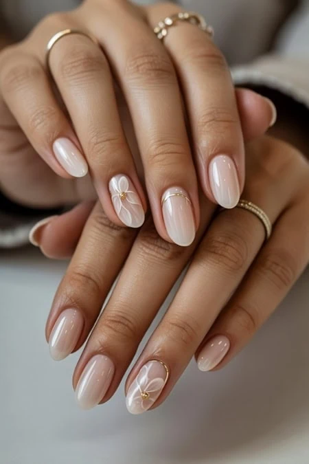 Elegant manicured nails with floral nail art, perfect for beauty and skincare enthusiasts seeking sophisticated nail design ideas.