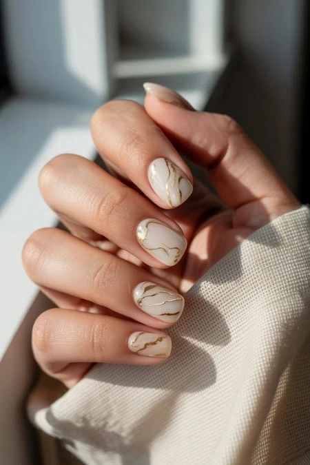 Elegant marble nail art with gold accents on manicured nails, showcasing stylish and trendy nail designs for a luxurious look.