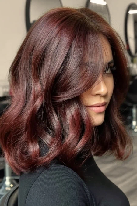 A woman showcasing stunning burgundy-colored, shoulder-length wavy hair with rich, glossy tones and textured curls, perfect for hair color inspiration and hair styling ideas.