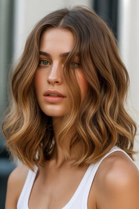 High-resolution image of a young woman with shoulder-length, wavy brown hair and natural makeup, showcasing healthy hair and beauty. Perfect for example of hair color ideas for brunettes.