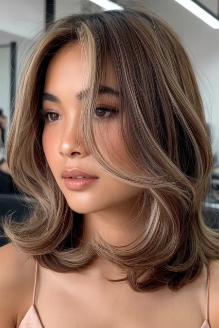 Beautiful woman with styled hair showcasing a trendy, layered haircut with soft waves and a warm balayage for a flawless, hair colors idea for brunettes.