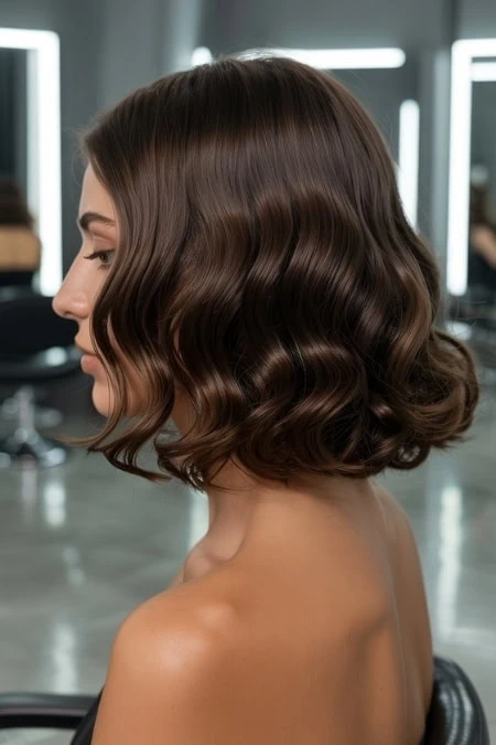 A stylish woman with glossy, soft brunette wavy bob hair, showcasing modern hair color ideas in a professional salon setting.