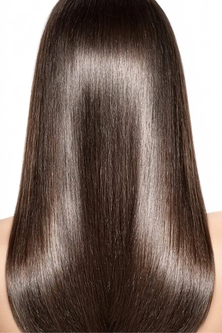 Highly polished, smooth, and shiny brown hair with a sleek appearance, showcasing healthy and well-maintained locks for beauty and hair care.