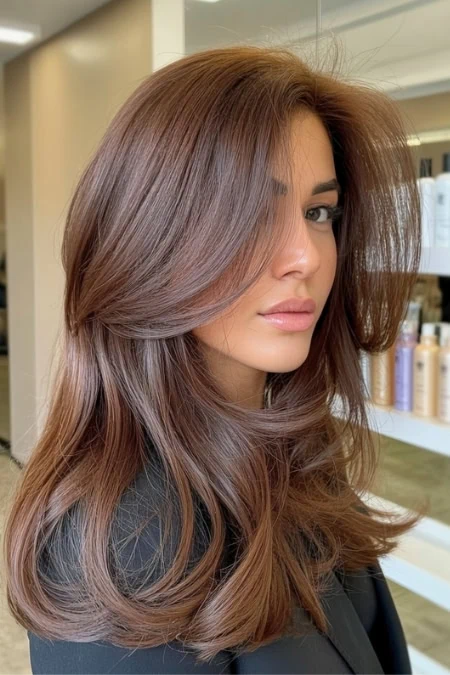 Beautiful brunette hair color on a woman with voluminous, glossy hair styled in loose waves, showcasing healthy hair and modern hair coloring at The Beauty Deep Life.