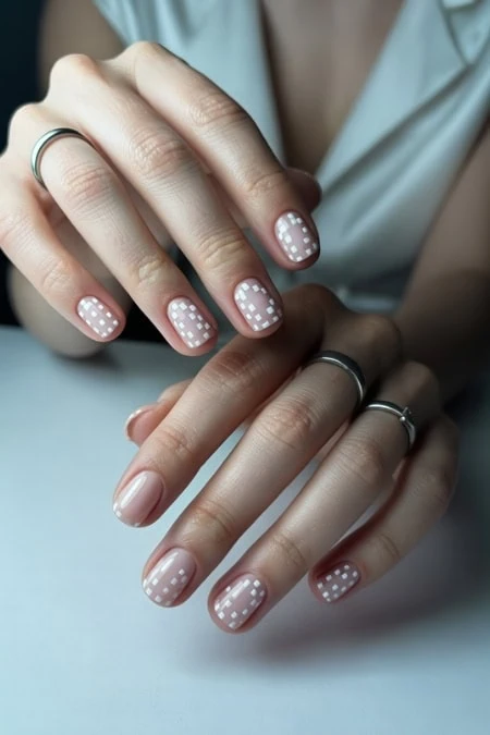 Delicate manicured hands with geometric nail art, luxury rings, minimalist jewelry, close-up of well-groomed nails, modern beauty and skincare aesthetic, stylish and elegant, focused on nail design.