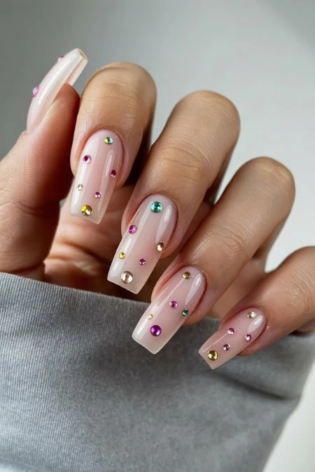 Colorful rhinestone decorated acrylic nails with a nude base, perfect for glam and stylish nail art, ideal for women seeking trendy and elegant nail designs.