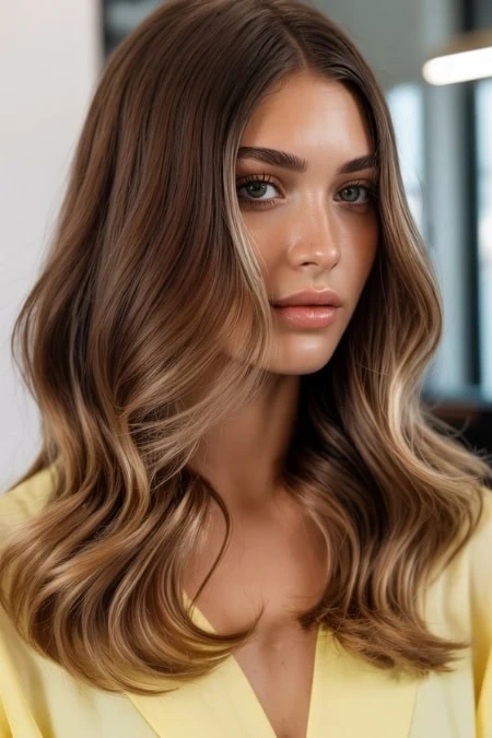 A stunning woman showcasing beautiful, shiny, and smooth hair color idea for brunettes with soft waves, perfect for a beauty and hair care look.
