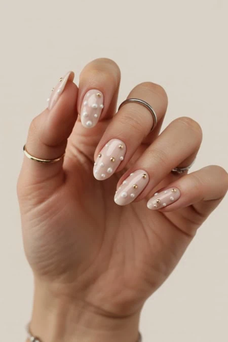 Elegant manicure with white nail polish, pearl accents, and gold detailing on oval-shaped nails, perfect for beauty and nail art inspiration from The Beauty Deep Life.