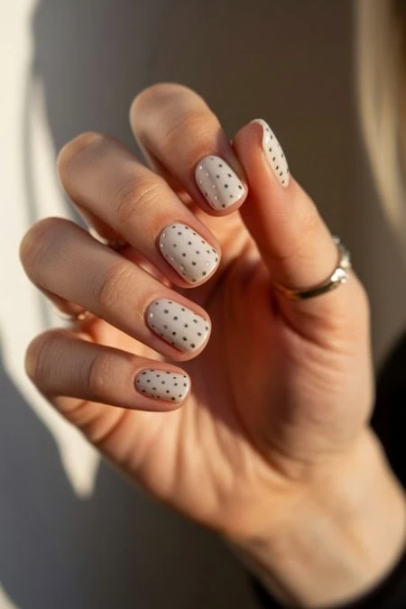 Polka dot beige nail art on feminine hand, trendy and minimalistic manicure, perfect for spring or summer, beauty and nails care, The Beauty Deep Life.
