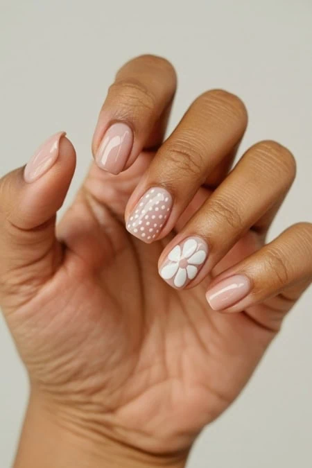 Elegant nude and white floral nail art with polka dots, perfect for spring or special occasions. Well-manicured nails showcase stylish, minimalist nail designs emphasizing natural beauty and feminine charm.