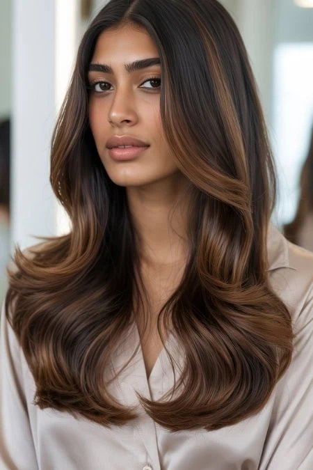 Beautiful woman with shiny, long brunette hair with soft waves, showcasing healthy hair over her shoulders for a hair care and beauty theme.