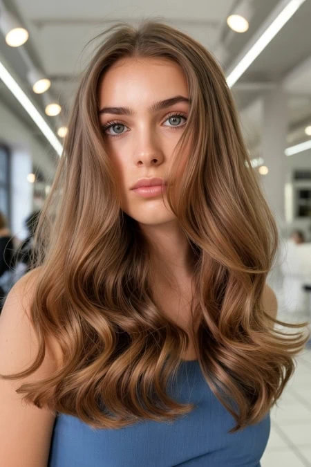 Close-up of a young woman with long, wavy, chestnut brown hair and glowing skin, showcasing beauty and hair care in a modern salon setting. Perfect for hair styling, beauty tips, and examples of hair color ideas for brunettes.