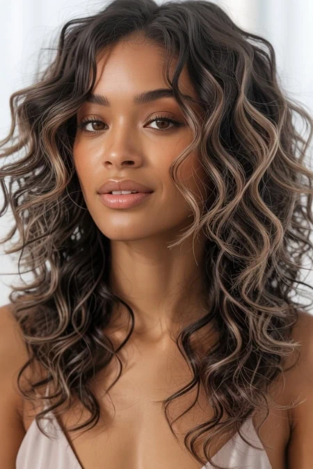 Close-up portrait of a woman with beautiful, voluminous curly hair showcasing hair care and styling tips for healthy, shiny curls. Perfect for beauty and hair tutorial content.