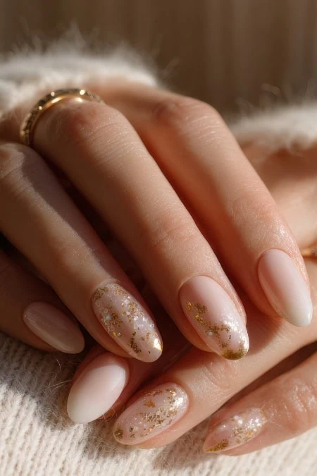 Elegant nude manicure with gold foil accents and floral details, perfect for beauty and nail art enthusiasts seeking sophisticated style.