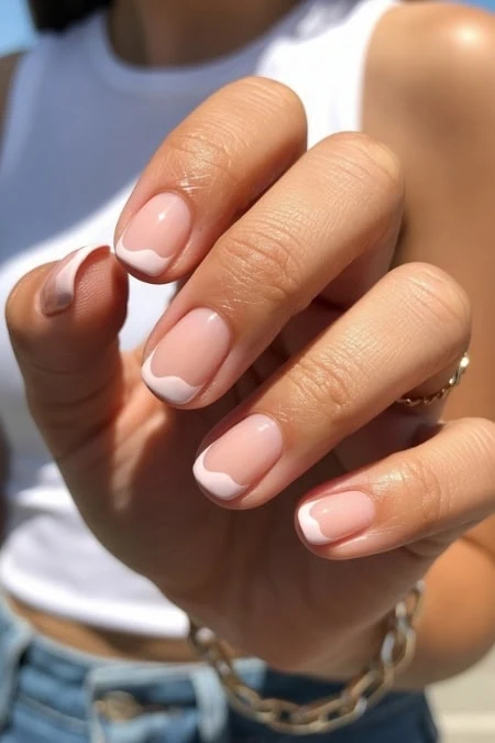 Elegant French manicure on well-groomed nails with a natural pink base and white tips, perfect for a sophisticated and classic beauty look.