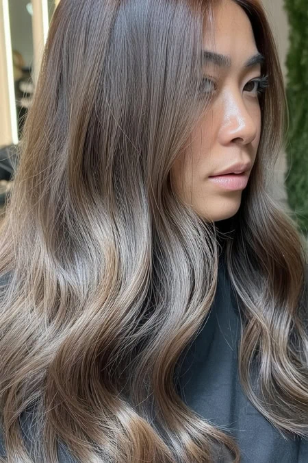 Stunning medium brown hair with blonde highlights, soft waves, and glossy finish, perfect for a beauty and hair transformation, showcasing professional hairstyling from The Beauty Deep Life.