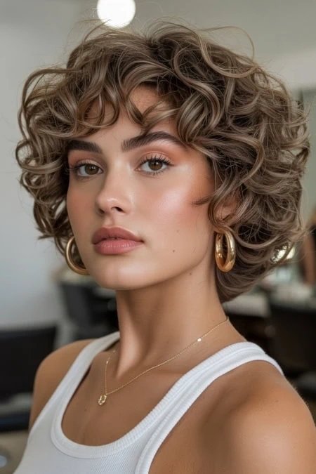 Close-up of a young woman with cream-colored curly short hair and gold jewelry, showcasing trendy hairstyle and natural makeup for a beauty and fashion look.