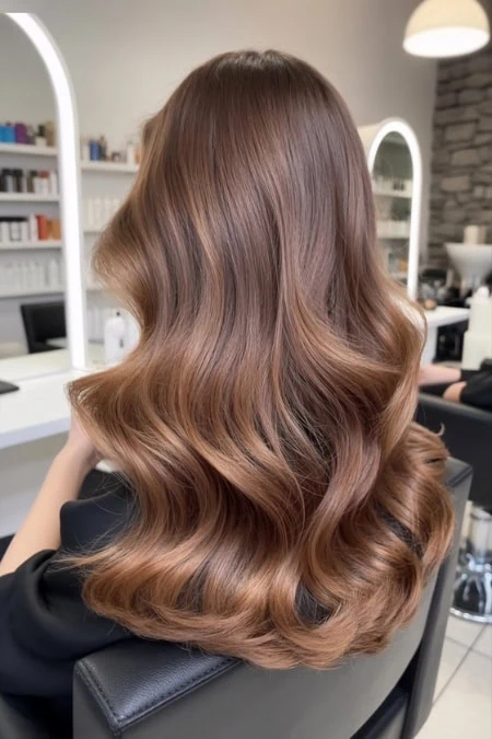 High-quality image of a woman with lush, shiny, caramel-brown hair styled in soft waves, taken in a modern beauty salon setting with backlighting and salon equipment visible.