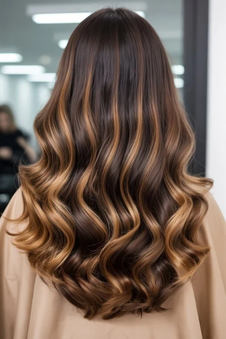 A stunning back view of long, voluminous hair featuring warm balayage highlights and soft, luxurious waves, showcasing professional hair coloring and styling techniques for a glamorous look. example of hair color ideas for brunettes.