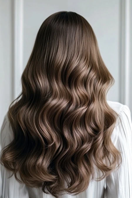 High-quality, glossy brunette wavy hair showcasing healthy, styled locks perfect for hair care and beauty inspiration. Ideal for natural, elegant hair look, emphasizing hair health and styling tips.