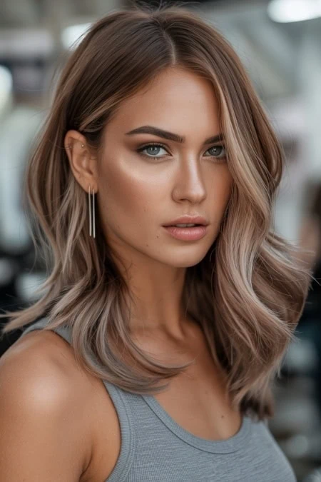 Gorgeous woman with flawless makeup and styled hair, showcasing contemporary hair color ideas for brunettes.