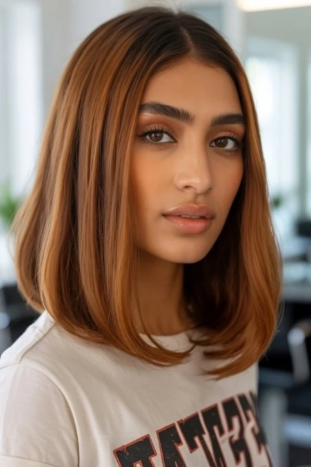 Cider brunette hair on a woman with smooth, shiny shoulder-length hair, natural makeup, and confident expression in a well-lit indoor setting, ideal for beauty, hair styling, and hair color ideas for brunettes.