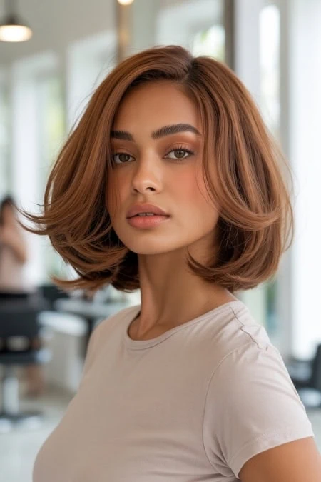 Stunning woman with medium-length, wavy, caramel-colored hair in a modern salon setting, showcasing confident beauty and healthy hair. Perfect for beauty, hair care, fashion, and styling topics.