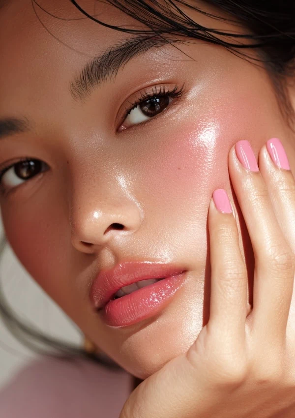 1. Close-up of a woman's glowing skin, perfect makeup, and pink manicure, emphasizing beauty skincare, makeup, and self-care tips for radiant skin and beauty enhancement.