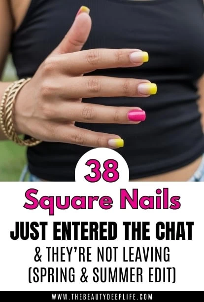 Close-up of a woman's hand showcasing trendy square-shaped nails with yellow and pink nail polish, perfect for spring and summer fashion.