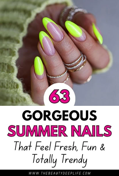 Bright neon yellow and pink summer nail design featuring almond-shaped nails and elegant rings, perfect for a trendy, fresh, and fun look.