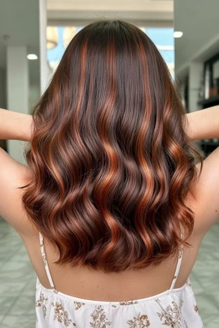 Shiny wavy hair with copper highlights, styled in loose waves, showcasing healthy, vibrant hair. Perfect for beauty and hair care inspiration, emphasizing hair coloring and styling tips.