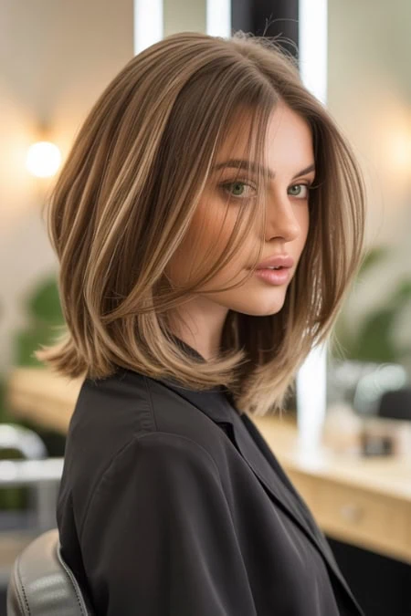 Elegant shoulder-length bob hairstyle with soft brown tones, perfect for a contemporary, stylish look. Ideal for women seeking a versatile and chic hairdo for professional or casual settings.