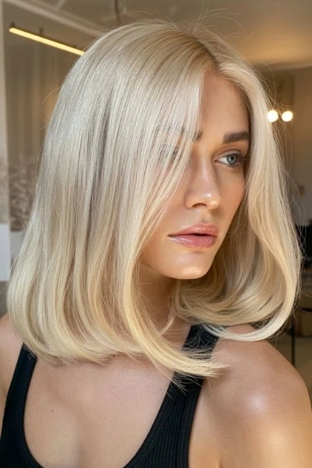 A portrait of a young woman with shoulder-length, platinum blonde hair styled in natural waves, showcasing healthy, shiny hair perfect for beauty and hair care enthusiasts.