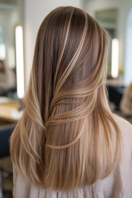 Beautiful blonde hair with subtle highlights, styled in soft waves, showcasing healthy, glossy hair perfect for a beauty and haircare website.