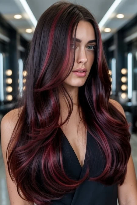Vibrant burgundy hair color with soft waves, styled on a woman in a modern salon setting, showcasing hair coloring and styling services. Perfect for beauty, hair color, and styling themes.