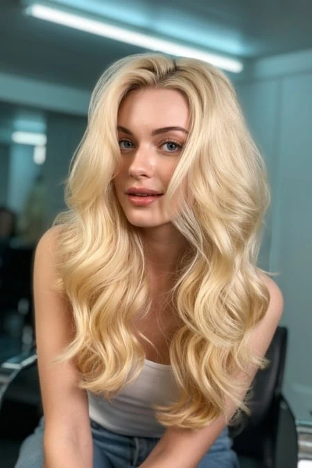 Blonde woman with long, voluminous wavy hair posing in a modern salon setting, showcasing healthy, shiny hair. Perfect for beauty, hair care, and styling content.