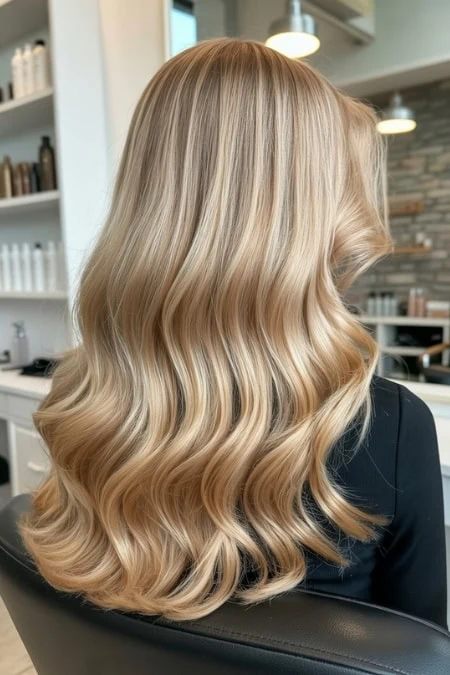 Blonde hair styled in loose, soft waves, showcasing healthy, shiny, and well-maintained hair. Perfect for beauty and hair care content, emphasizing hair styling and hair health.