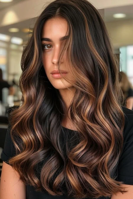 Beautiful long wavy hair featuring rich caramel and honey highlights, styled in loose curls for a glamorous and natural look. Perfect for beauty and hair care inspiration.