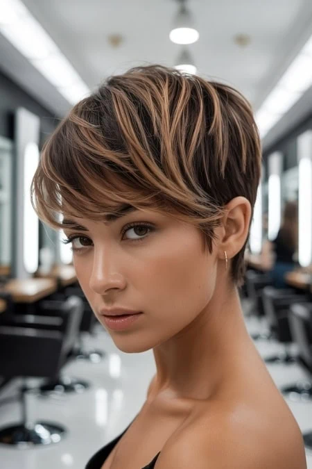 A woman with a stylish, short layered haircut in a bright, modern salon setting. The image highlights trendy haircuts, perfect for beauty and haircare enthusiasts.