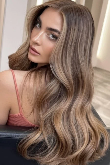 woman with long wavy bronde hairstyle.