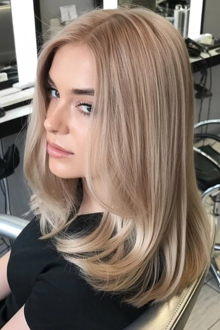 woman with shoulder length hair sitting in a salon.