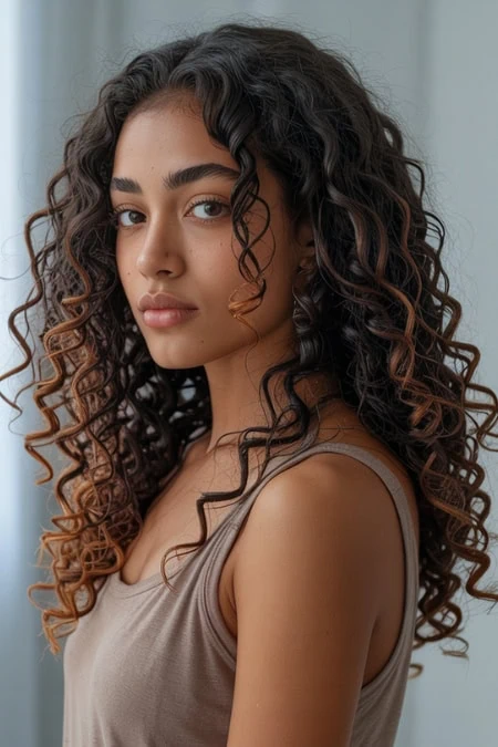 Elegant woman with long, voluminous curly hair showcasing natural beauty and hair care. Perfect for beauty, hair styling, and self-care themes.