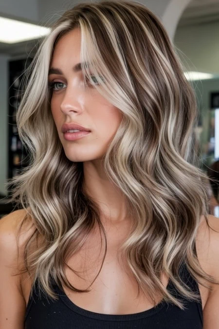 Beautiful blonde woman with wavy hair and highlights, showcasing healthy, shiny hair perfect for a beauty and haircare website.