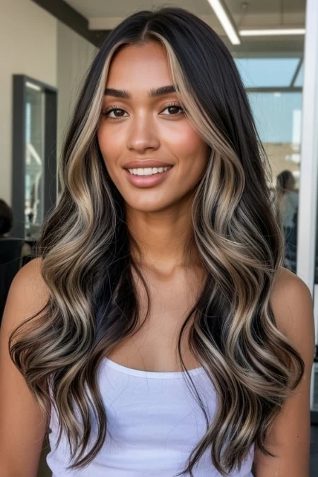 Beautiful long wavy hair with blonde highlights, styled for a natural and glamorous look, in a modern salon setting.