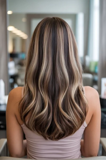 Healthy long hair with soft waves, blonde highlights, and shiny texture.
