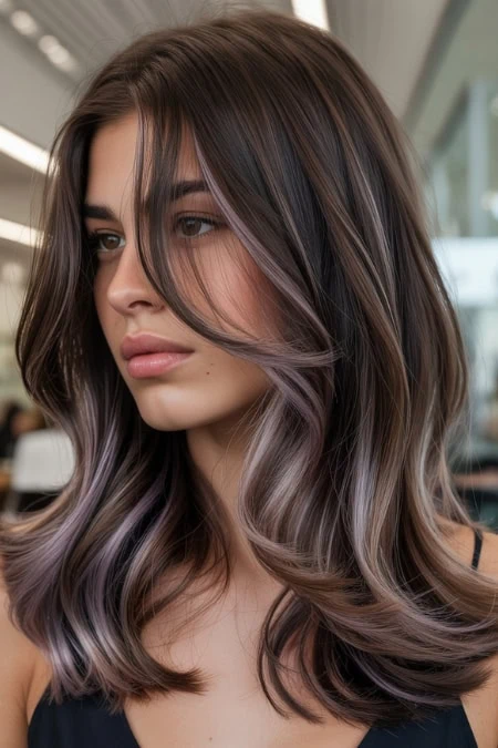Beautiful long wavy hair featuring soft highlights in shades of ash blonde and lavender, styled in loose waves. Perfect for a modern, elegant look that enhances natural beauty and confidence.
