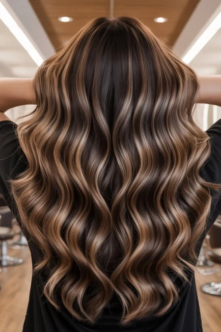 Beautiful long wavy hair with caramel and honey highlights, styled in soft, flowing curls. Perfect for hair care, styling, and beauty inspiration.